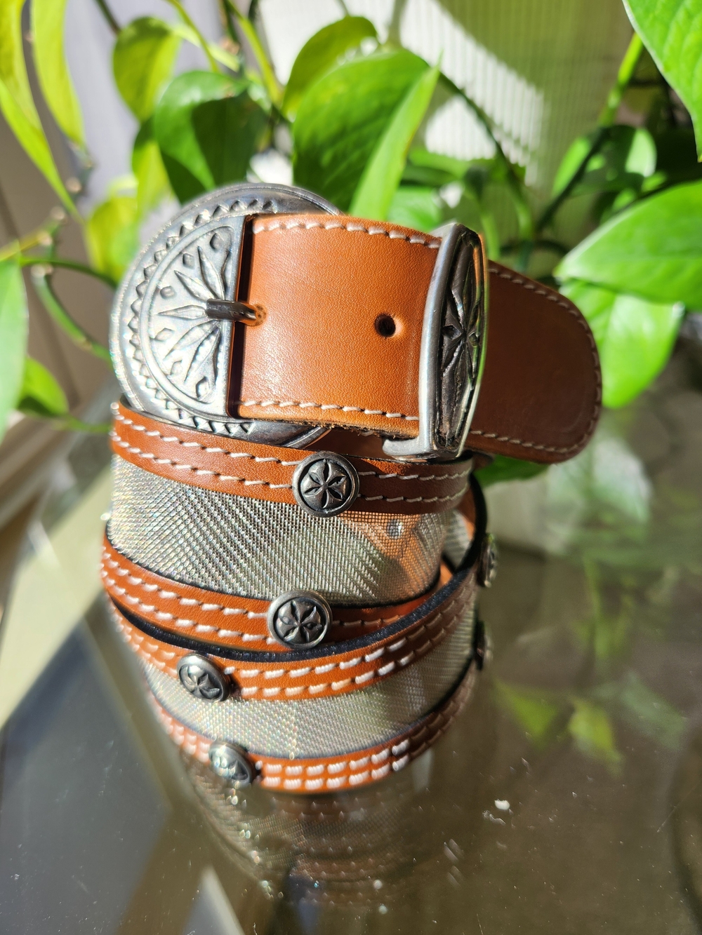Florida Adams Belt Small Western Cognac Tan Leather Mesh Studded Made In Italy